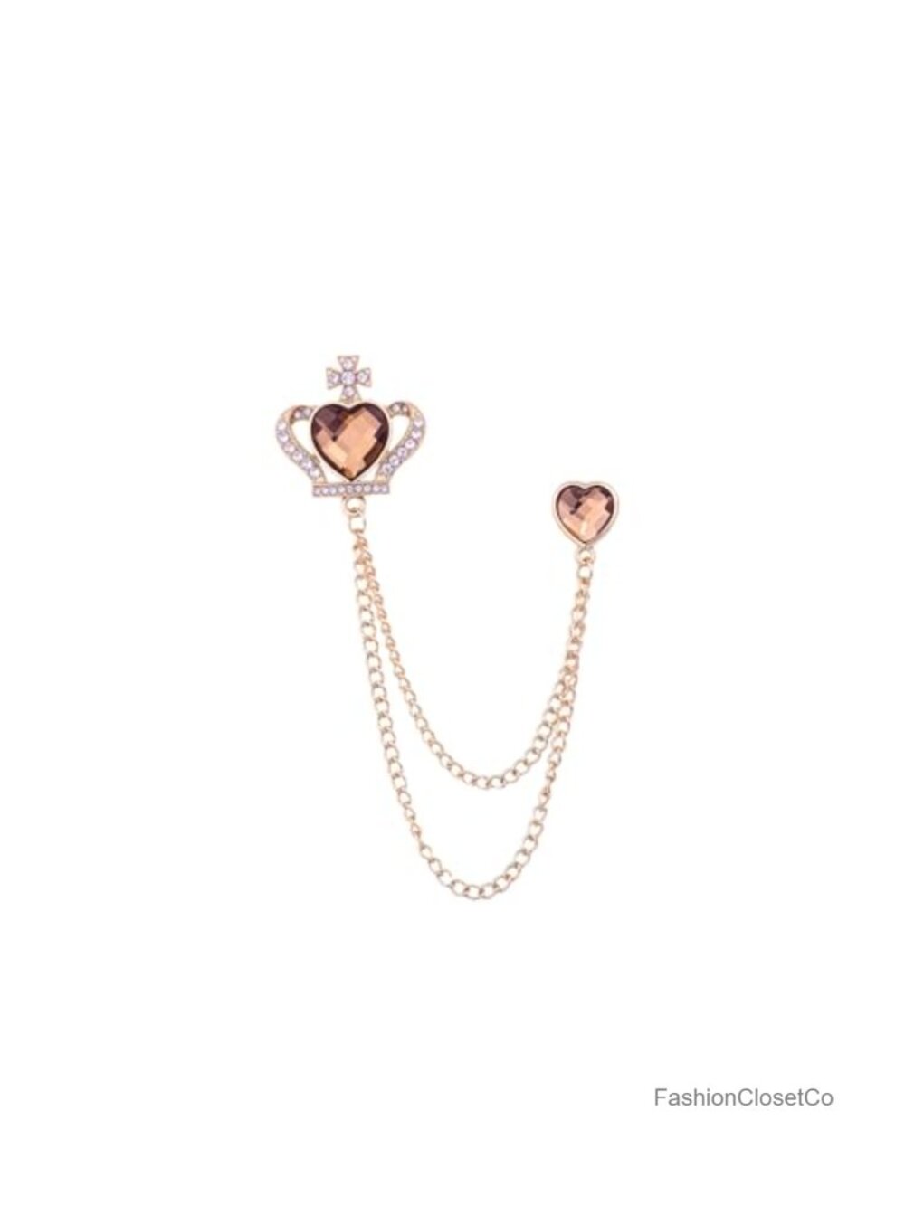 Heart Crown Brooch with Rhinestones & Chain Detail Pin for Blouse Dress Jacket